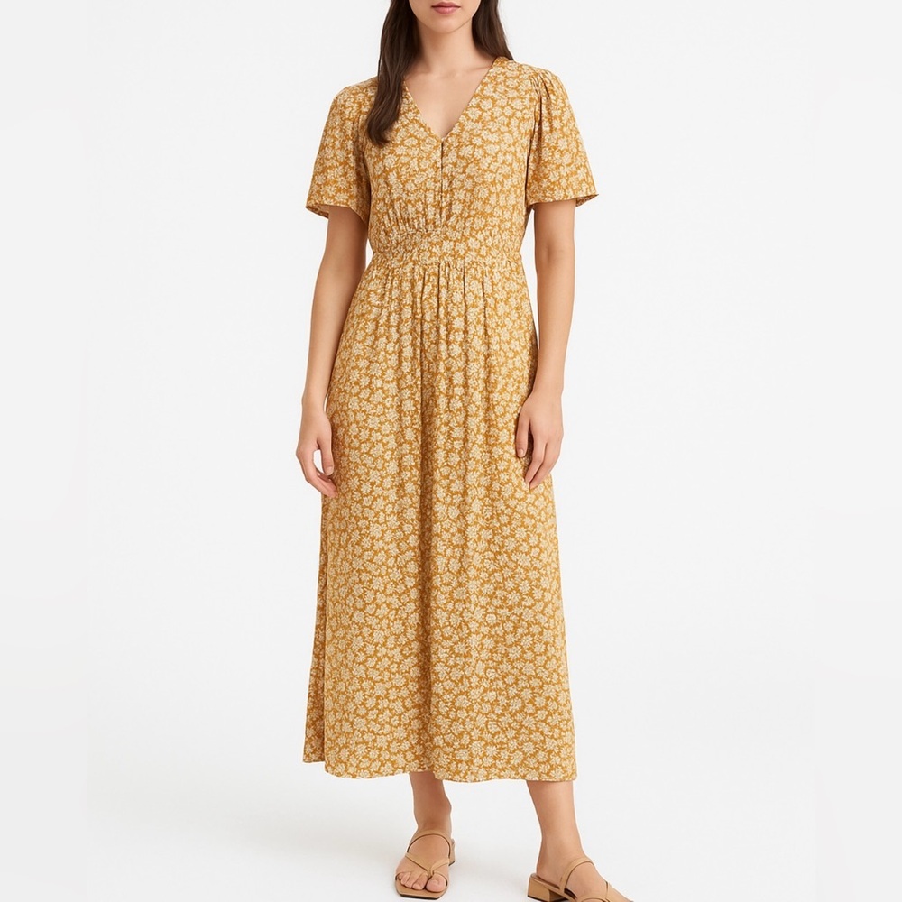 Bec & Bridge 100% cotton balloon sleeve tan floral button front midi dress EUC